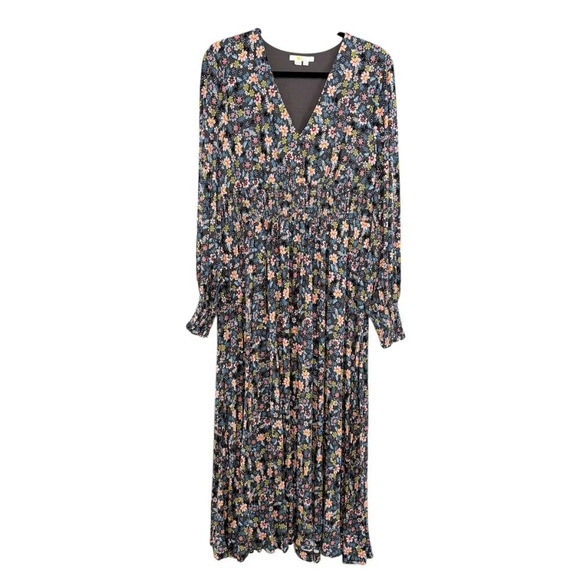Boden Graphite Gray Opulent Leaf Print Long Sleeve Smocked V Neck Maxi Dress 12L - Picture 1 of 12